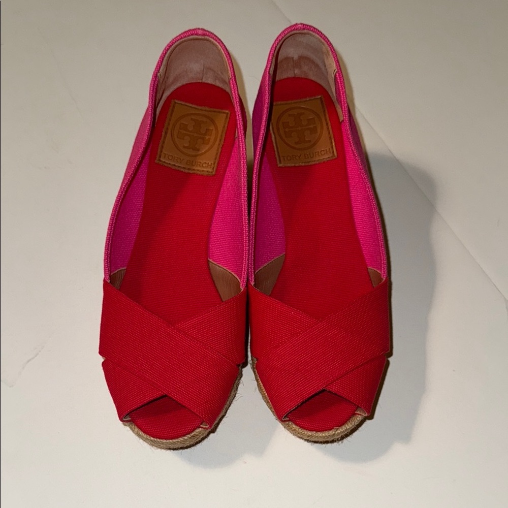 Tory Burch Red and Pink Canvas Espadrilles